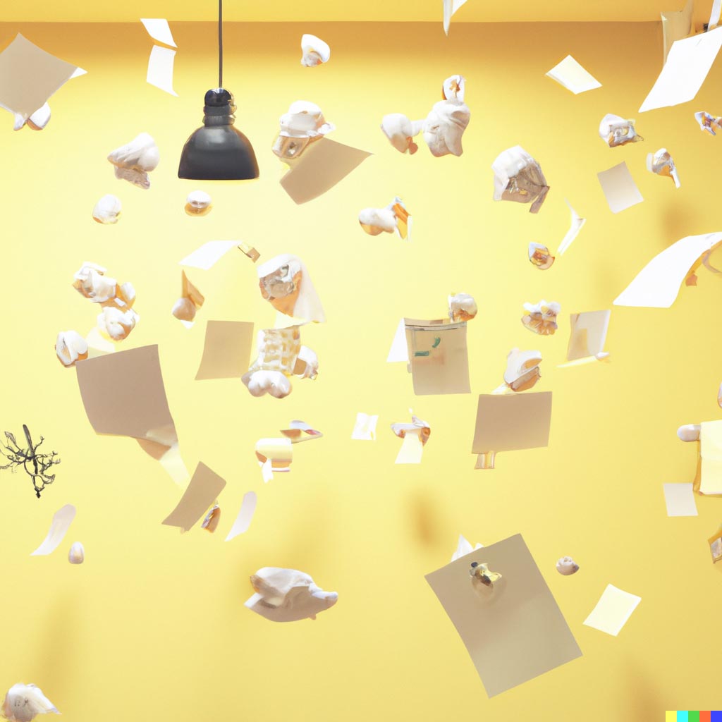DALL·E prompt: highly detailed notes of paper falling from the sky in a yellow room, digital art